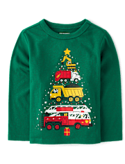 T-shirt graphique pour bébés et tout-petits garçons, motif véhicules et sapin de Noël