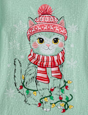 Girls Christmas Snow Cat Graphic Tee