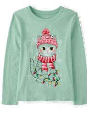 Girls Christmas Snow Cat Graphic Tee