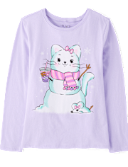 Girls Cat Snowman Graphic Tee