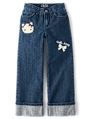 Girls Hello Kitty® Embroidered Roll Cuff Wide Leg Jeans