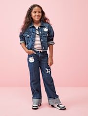 Girls Hello Kitty® Embroidered Roll Cuff Wide Leg Jeans