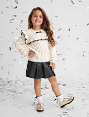Toddler Girls Bow Ruffle Cable Knit Sweater