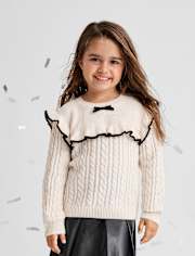 Toddler Girls Bow Ruffle Cable Knit Sweater