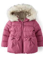 Toddler Girls Bow Faux Fur Lined Bubble Puffer Jacket