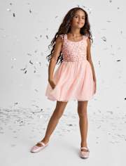 Girls Sequin Mesh Fit And Flare Dress