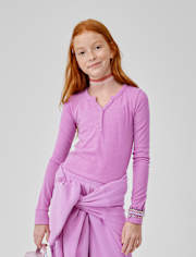 Girls Sueded Rib Henley Top