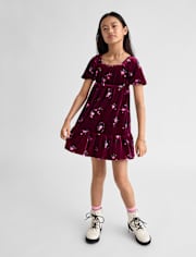 Girls Floral Velour Babydoll Dress