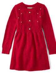 Girls Faux Pearl Cable Knit Sweater Dress