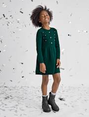 Girls Faux Pearl Cable Knit Sweater Dress