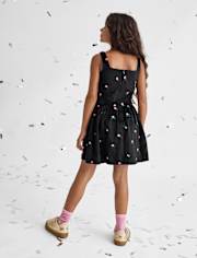 Girls Embroidered Floral Velour V-Waist Dress