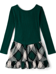 Girls Plaid Ribbed Drop Waist Dress