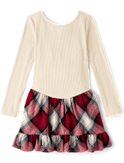 Girls Plaid Ribbed Drop Waist Dress