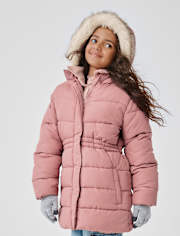 Girls Faux Fur Lined Mid Length Puffer Jacket