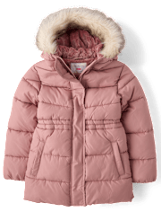 Girls Faux Fur Lined Mid Length Puffer Jacket