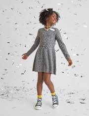 Girls Bow Ribbed Sweater Dress