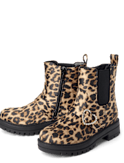 Girls Leopard Heart Chelsea Boots