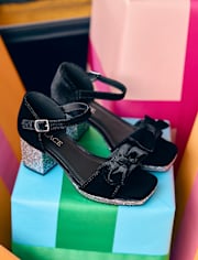 Girls Glitter Velvet Platform Block Heels