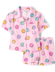 Girls Rainbow Happy Face Button Front Pajamas