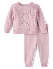Baby Girls Embroidered Floral Cable Knit Sweater 2-Piece Playwear Ser