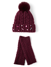 Girls Jeweled Cable Knit 2-Piece Cold Weather Set