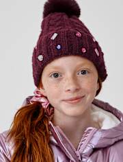 Girls Jeweled Cable Knit 2-Piece Cold Weather Set