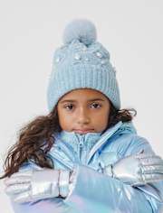 Girls Cable Knit Faux Pearl Pom Pom Beanie