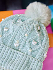 Girls Cable Knit Faux Pearl Pom Pom Beanie