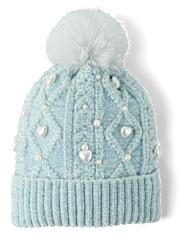 Girls Cable Knit Faux Pearl Pom Pom Beanie