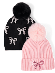 Lot de 2 bonnets à pompon et nœud pour fille