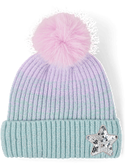 Girls Ombre Sequin Star Pom Pom Beanie