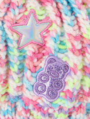 Girls Rainbow Embroidered Icon Pom Pom Beanie