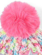 Girls Rainbow Embroidered Icon Pom Pom Beanie