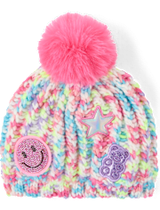 Girls Rainbow Embroidered Icon Pom Pom Beanie