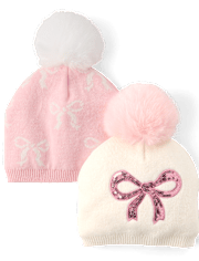 Toddler Girls Bow Pom Pom Beanie 2-Pack