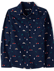 Boys Print Poplin Button Up Shirt