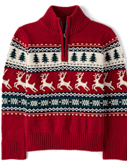 Boys Reindeer Fairisle Quarter Zip Sweater