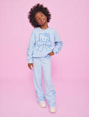 Girls Hello KittyÂ® Embroidered Premium Fleece Wide Leg Lounge Pants