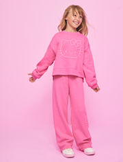 Girls Hello KittyÂ® Embroidered Premium Fleece Wide Leg Lounge Pants