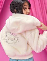 Girls Hello Kitty® Applique Faux Fur Zip Up Hoodie
