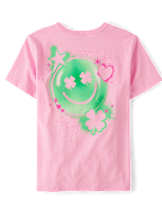 T-shirt graphique oversize pour filles, motif visage souriant, recto et verso, pour la Saint-Patrick