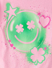 T-shirt graphique oversize pour filles, motif visage souriant, recto et verso, pour la Saint-Patrick