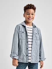 Boys Railroad Stripe Denim Button Up Shirt