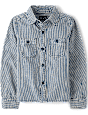 Boys Railroad Stripe Denim Button Up Shirt