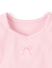 Toddler Girls Embroidered Bow Ribbed Lettuce Tee