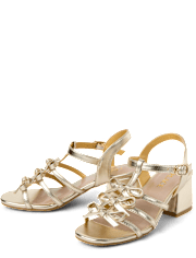 Girls Metallic Bow Block Heels
