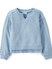 Girls Garment Dyed Crochet Lace Premium Fleece Sweatshirt