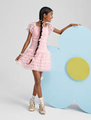 Girls Smocked Tulle Ruffle Dress