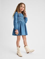 Girls Chambray Smocked Dress