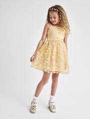 Girls 3D Floral Mesh Fit And Flare Dress